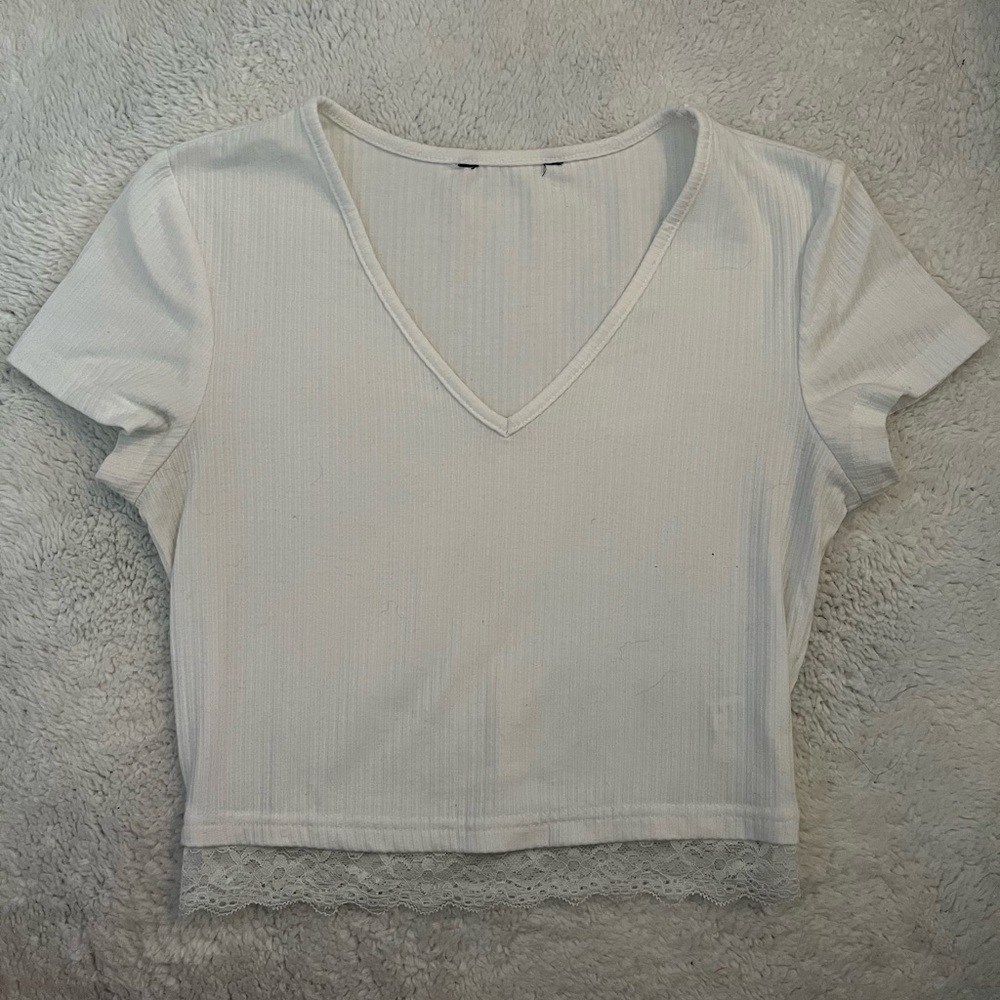 White Lace Trim V Neck Crop Top